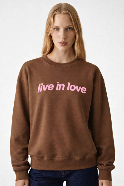 COMBİNE MİCHAİL Women's Live in Love Printed Coffee Sweatshirt