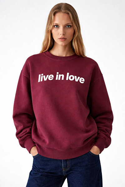 COMBİNE MİCHAİL Kadın Live İn Love Baskılı Bordo Sweatshirt