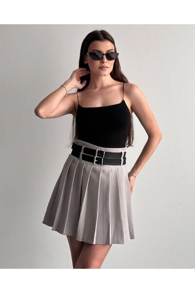 Cool & Sexy Women's Double Belted Pleated Skirt with Shorts Cream