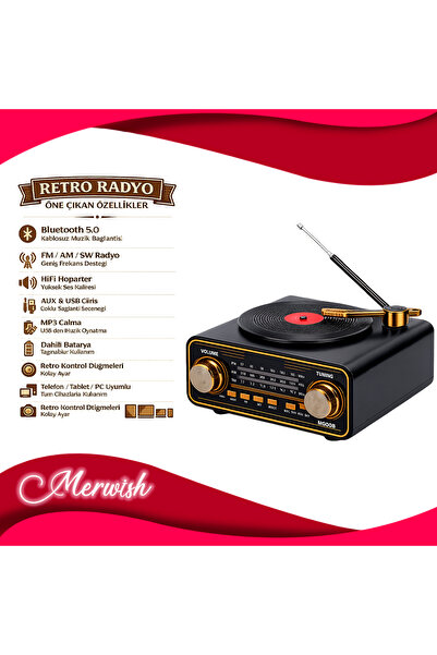 Merwish Retro Hoparlör Bluetooth 5.0 Nostaljik Radyo FM USB Şarjlı HiFi Hoparlör
