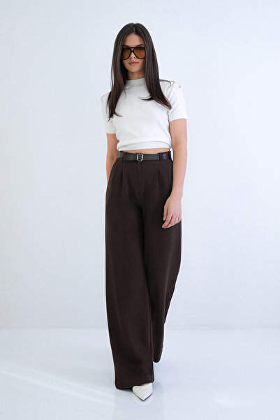 Trend Alaçatı Stili Women's Brown Double Pocket Belted Pleated Detailed Knitt...