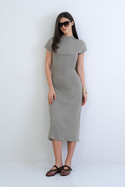 Trend Alaçatı Stili Women's Mink Stand Collar Short Sleeve Maxi Length Knitwe...