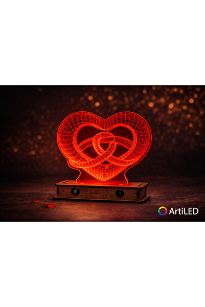 ARTILED 3D Alyanslı Kalp LED Masa Lambası | Ahşap Tabanlı | Romantik Dekorati...
