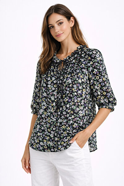 PROTO SUIT Floral Ruffled Buttoned Short Sleeve Blouse