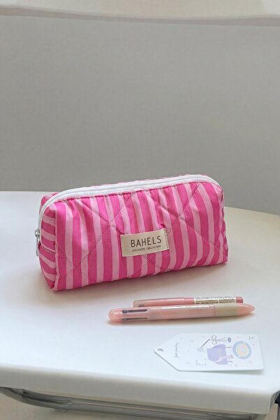 BAHELS Pembe Çizgili Kalemlik Kalem Kutusu Kalem Çantası