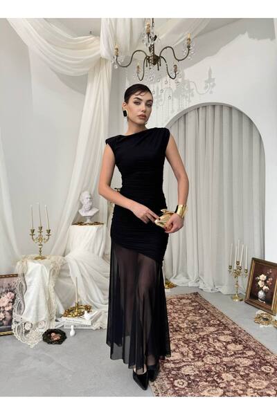 YURELİ Vatkalı Omuz Detaylı Tül Uzun Abiye Elbise