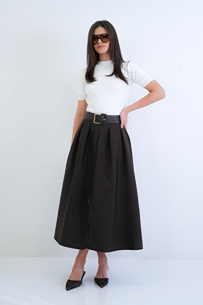 Trend Alaçatı Stili Fusta de damă, maro închis, cu curea groasă, cu fermoar, ...