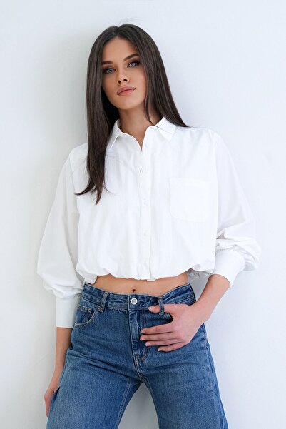 Trend Alaçatı Stili Women's white wide-cuff lined balloon cut woven crop top ...