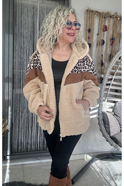 Dila Butik Leopar Kapitone Garnili Peluş Mont
