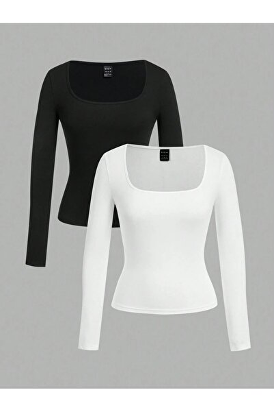 WESTİMO بدلة نسائية من القطن الممشط بياقة منخفضة وكم طويل بلونين