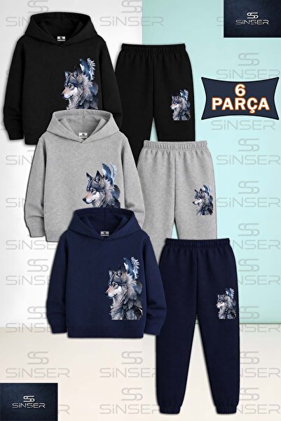 SS SİNSER Children's Unisex Kurt Gri Yanda 3-Piece Hooded Tracksuit Set