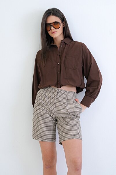 Trend Alaçatı Stili Women's brown wide-cuff lined balloon cut woven crop top ...