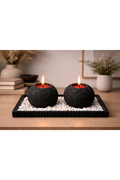 Store Lüks Siyah Mumluk Seti 2’li | Mum + Çakıl Taşı + Tepsi