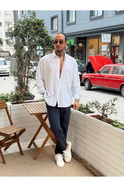 manch collection Oversize Çizgili Keten Gömlek Beyaz