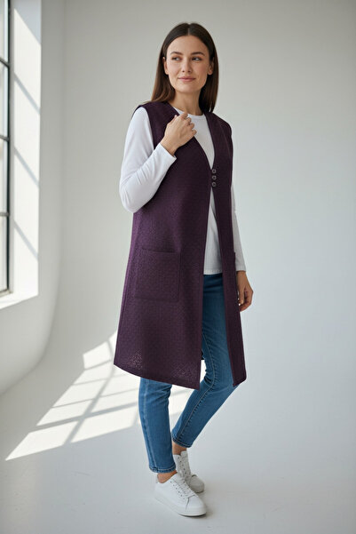 ECE GİYİM Women's Long Lace Vest with Three Button Pockets on the Front