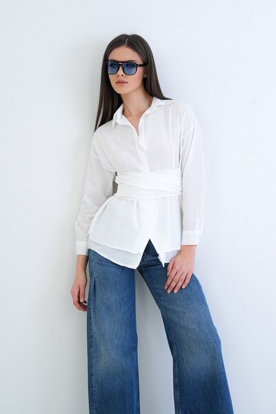 Trend Alaçatı Stili Women's white poplin shirt with hidden snap closure, tie ...