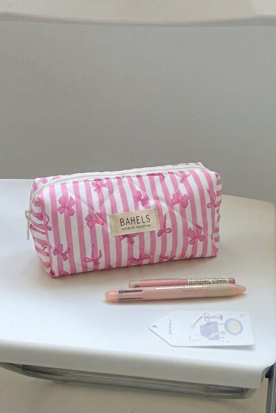 BAHELS Pembe Çizgili Fiyonk Kalemlik Kalem Kutusu Kalem Çantası