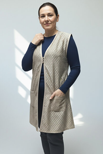 ECE GİYİM Women's Long Lace Vest with Three Button Pockets on the Front