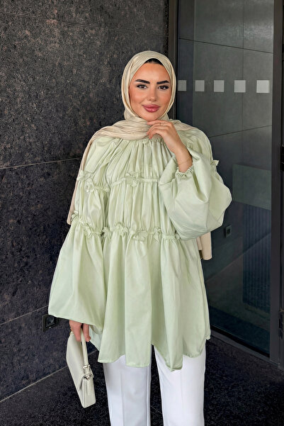 Salih Çelebi Reglan Floral Detailed Tunic 81061 - Light Green