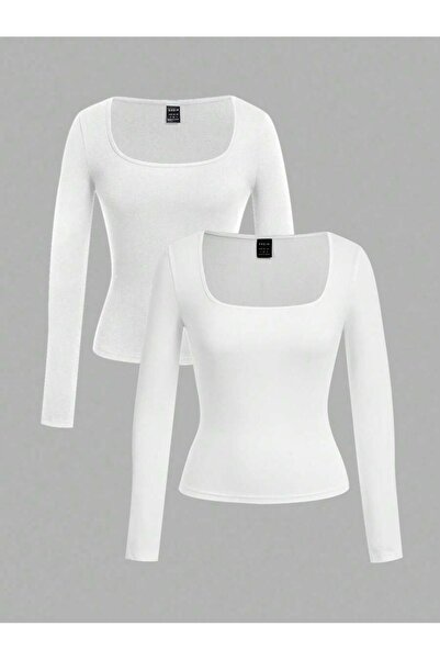 WESTİMO بدلة نسائية من القطن الممشط بياقة منخفضة وكم طويل بلونين