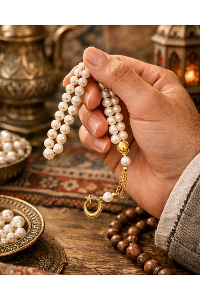 SUFİ TESBİH & ESANS VE HEDİYELİK Pearl Prayer Beads – Gold İmameli Stylish Prayer Beads – for Gift and Daily Use - 8 mm