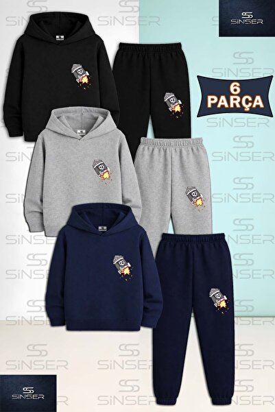 SS SİNSER Children's Unisex Skeleton Rocket Logo 3-Piece Hooded Tracksuit Set