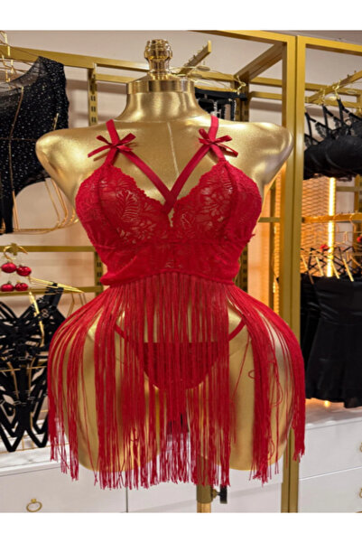 LİYEN LUXURY Madame Mercy Kırmızı Püsküllü Dantel Şık Fantezi Tulum & Tanga Seti