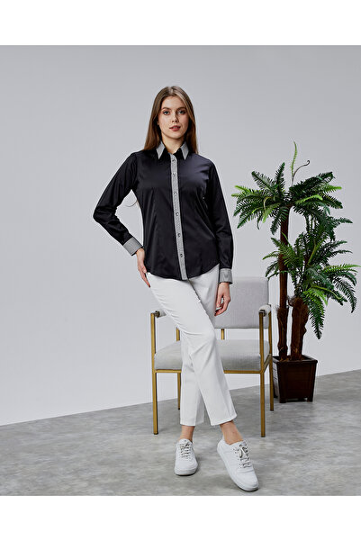 FARQIN Black Cotton Satin King Striped Fabric Detailed Slim Fit Women's Shirt