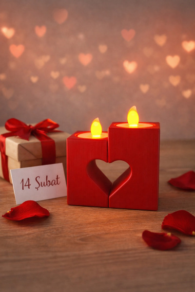 Serüven 3D Birleşen Kalp Tasarımlı LED Mumluk Seti – 2 Parça Dekoratif Kırmız...