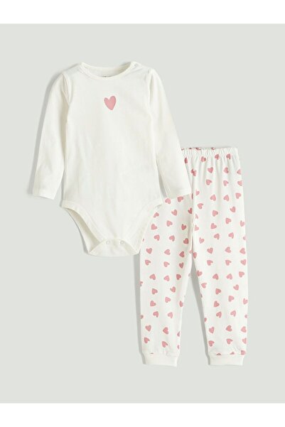 LC Waikiki Heart Printed Baby Girl Snap-On Bodysuit and Leggings