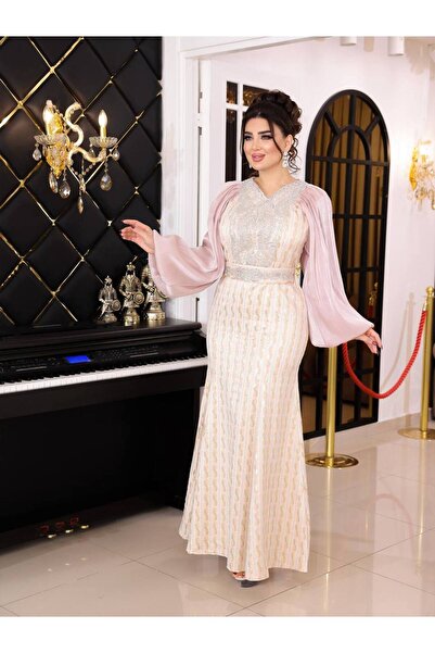 NO BRAND Kadın Pudra Renk Taş İşlemeli Kaftan Abiye – Şifon Kol Detaylı Uzun ...