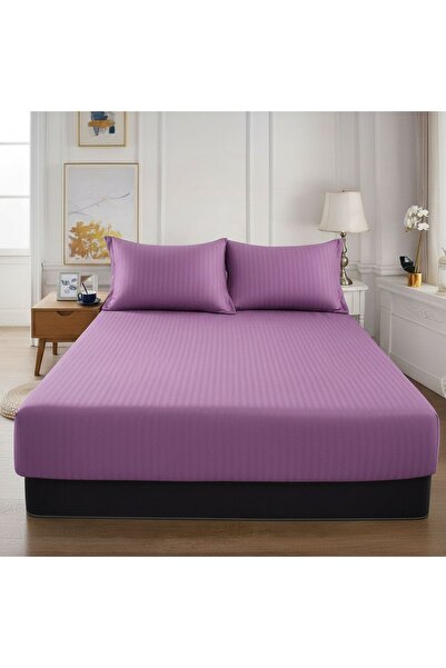Cuvertură de pat cu 2 fețe de pernă, damasc cu dungi , culoare liliac violet, 180x200 miniatura 2