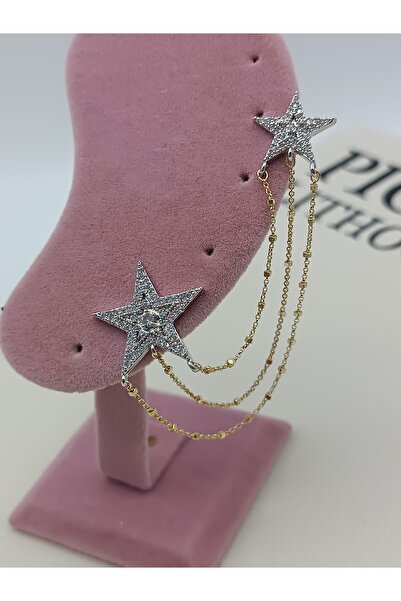 LAgül Aksesuar Tasarım Zirkon Taşlı Yıldız Detaylı Bir Ucu Klipsli, Bir Ucu Ç...