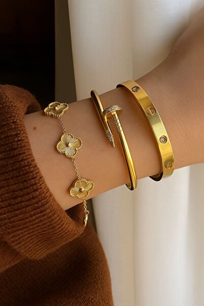 staınless steel Altın Renk 3’lü Bileklik Seti (Yonca – Çivili Kelepçe – Minim...