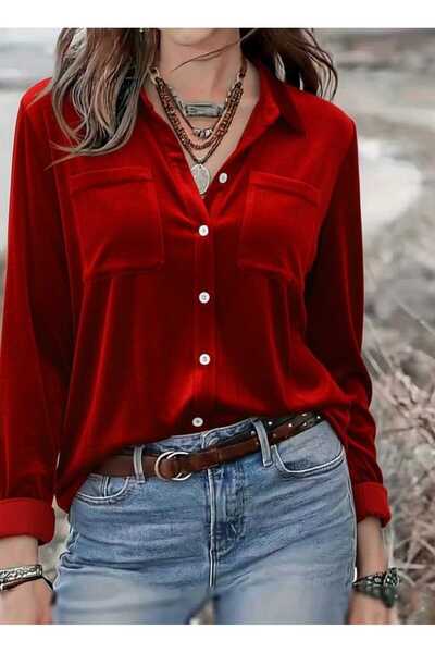 HYEM DRESSIFY WOMAN'S KADIN UZUN KOLLU YAKALI ÖNDEN DÜĞMELİ CEP DETAYLI KADİF...