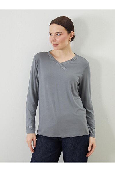 LC Waikiki Lcw Grace Gray V-Neck Stoned Long Sleeve Women's Blouse