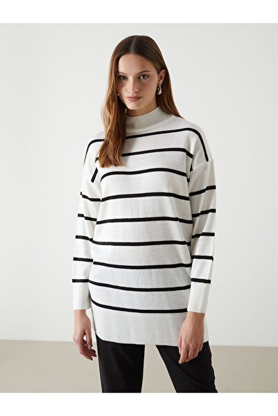 LC Waikiki Lcw modest ecru striped women's knit tunic with high collar
