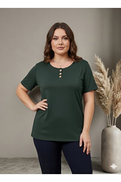 OYERGA MODA Women's Plus Size Basic Button Detailed Short Sleeve T-Shirt