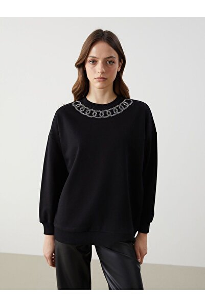 LC Waikiki Lcw Modest Black Crew Neck Printed Oversize Women's Sweatshirt