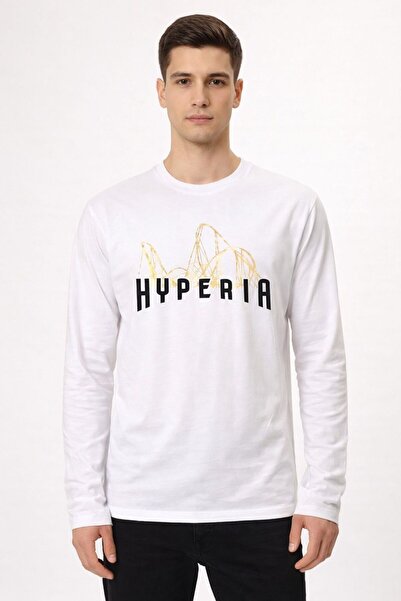 Hyper Unisex Beyaz Bisiklet Yaka %100 Cotton Varak Baskılı Regular Uzun Kollu...