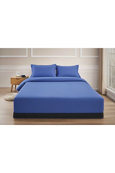 Cuvertură de pat cu elastic + 2 fețe de pernă, 180x200 cm, damasc din bumbac , culoare albastru regal miniatura 2