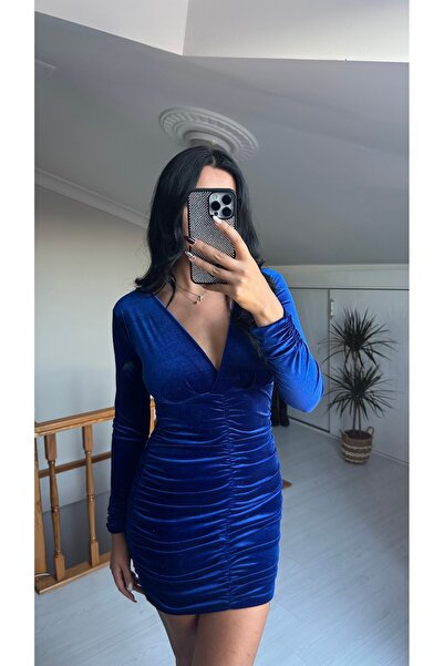 Dber V-neck velvet dress with pleates