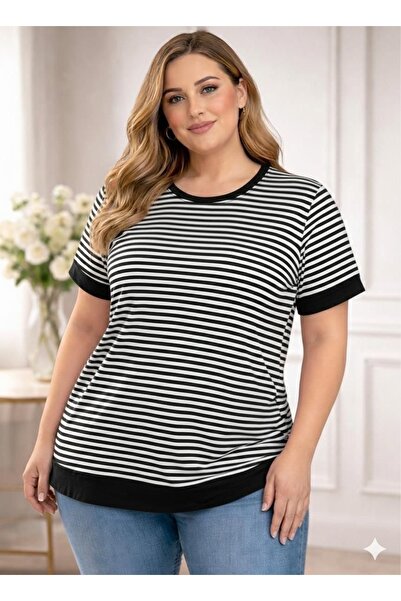 OYERGA MODA Women's Plus Size Striped Basic T-Shirt