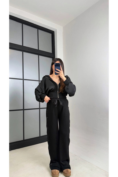 Miss Beyoğlu Women's Satin Detailed Cardigan and Elastic Waist Pants Design Set