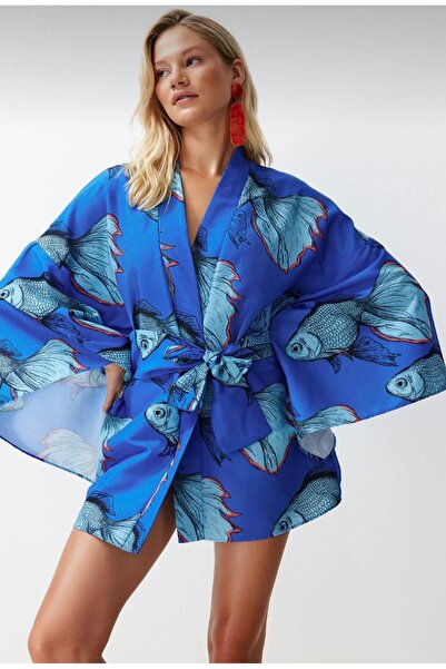 marvion Kadın Su Altı Desenli Dokuma Plaj Mini Kuşaklı Kimino&Kaftan