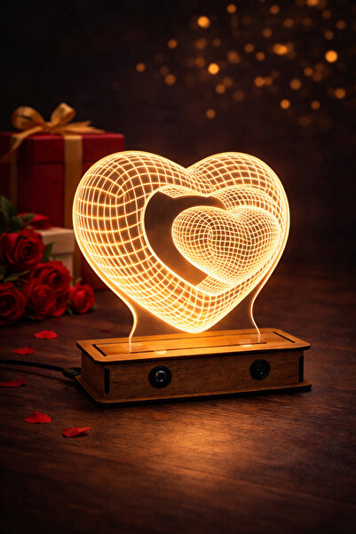 ARTILED 3D Aşk Kalpli LED Masa Lambası | Ahşap Tabanlı | Romantik Dekoratif G...
