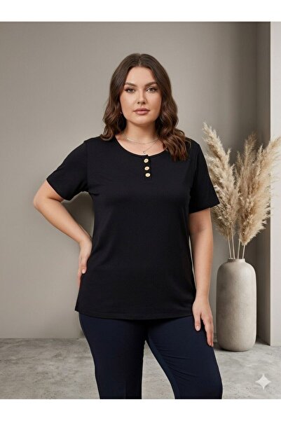 OYERGA MODA Women's Plus Size Basic Button Detailed Short Sleeve T-Shirt