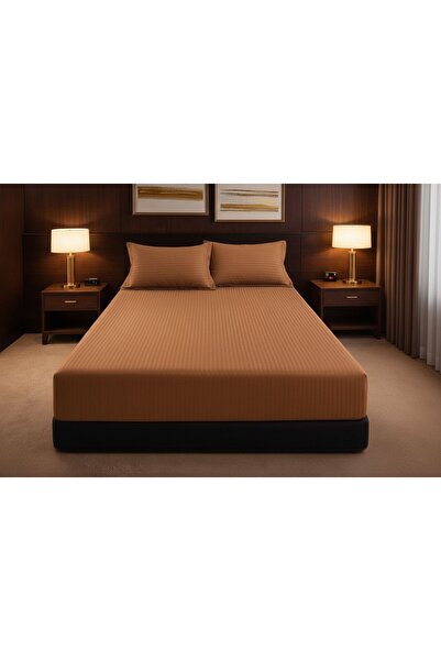 Cuvertură de pat cu elastic + 2 fețe de pernă, 180x200, damasc din bumbac , culoare cappuccino miniatura 2
