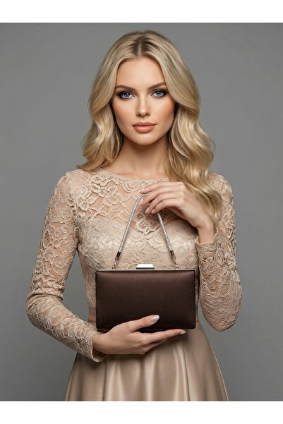 Biçanta Brown Z.A.R.A. Satin Crystal Stone Embroidered Chain Women's Evening ...