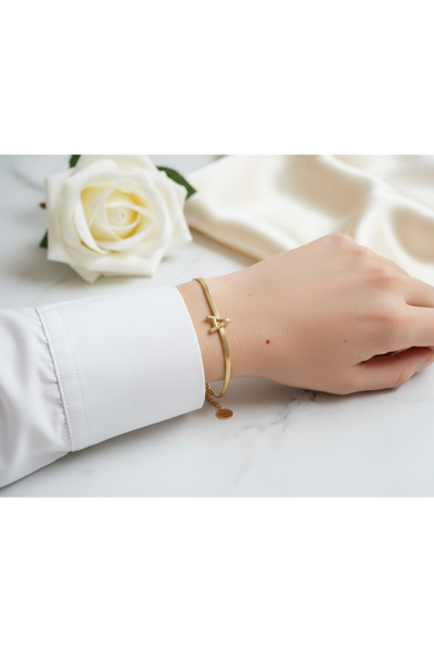 YONGA'S BOUTİQUE سوار من الفولاذ الإيطالي الذهبي بحرف A للحبيب